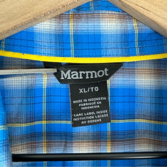 Marmot Shirt Mens XL Blue Plaid Nylon‎ Outdoor Hiking Camp Workwear Logo - Picture 4 of 16